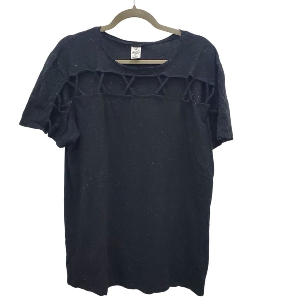 Venley Women's Black Rainbow Dot‎ Open Cut Out Chest Gothic Top USA Made Size XL